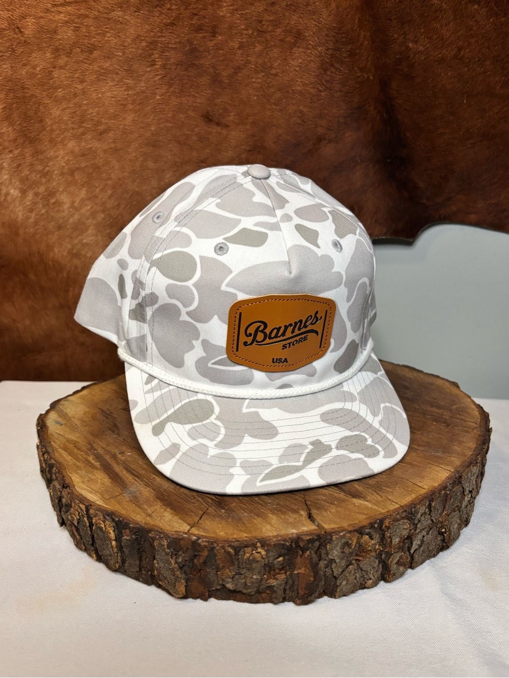 Barnes Store USA White Snow Camo Richardson Snapback Hat | Leather Patch Cap